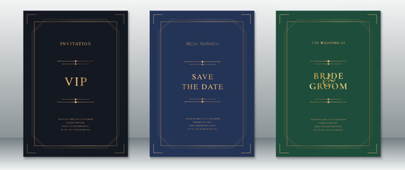 Set of minimal wedding invitations with refined gold line borders and deep background colors. Features modern layout for VIP events, weddings, and save-the-date announcements. 