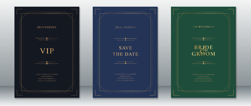 Set of minimal wedding invitations with refined gold line borders and deep background colors. Features modern layout for VIP events, weddings, and save-the-date announcements. 