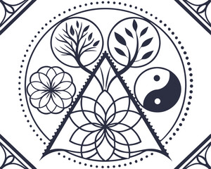 Sacred Geometry Mandala with Tree Lotus Yin Yang and Floral Symbols