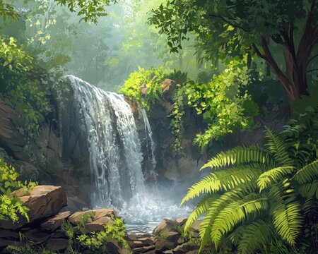 Forrest Waterfall. Lush Green Ferns in a Serene Timberland Setting