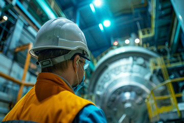 Joyful nuclear technician at industrial worksite generated with AI image