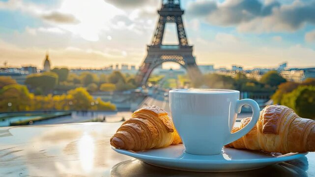 coffee and croissants against the background of the Eiffel Tower. Selective focus