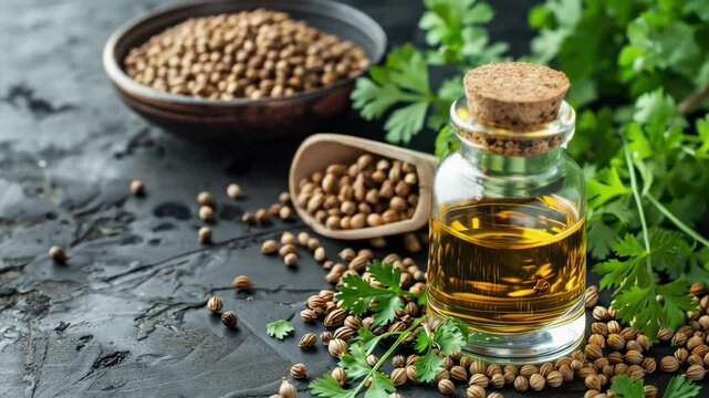 coriander essential oil. Selective focus