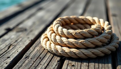 Obraz premium Thick, weathered nautical rope coiled on wooden deck , sea, detail, braid