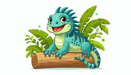 A cute green dragon cartoon vector illustration of a happy reptile with a funny smile