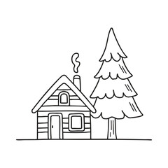 Fototapeta premium A spruce trees beside a cabin in the woods