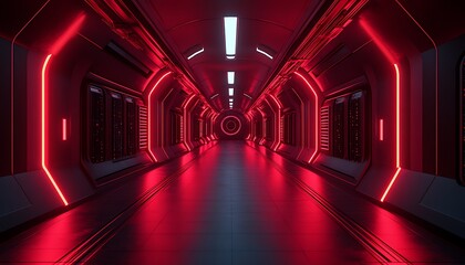 Futuristic corridor illuminated by red neon lights.