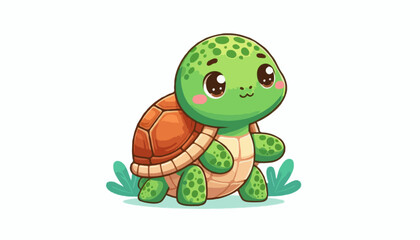 A cute green turtle cartoon, a cheerful reptile vector illustration with a happy smile and funny shell