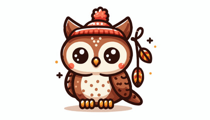 Fototapeta premium A cute cartoon owl vector illustration of a wise-eyed bird on a branch, a funny design from nature
