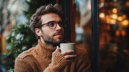 Man enjoying a warm drink at a cafe window