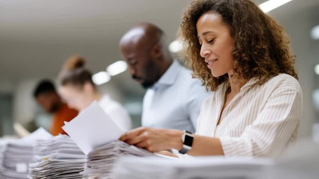 Three engaged colleagues are concentrating on a pile of printed documents, showcasing teamwork and collaboration in a professional office environment.