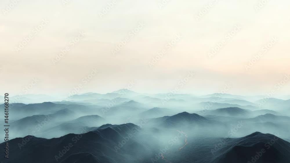 Poster lava flowing through a misty mountain range at dawn creates a dramatic, otherworldly landscape, high
