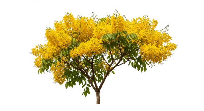 Majestic golden shower tree adorned with bright yellow flowers against white background - Powered by Adobe