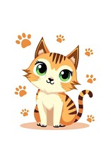 Fototapeta premium Cute Playful Cartoon Cat Surrounded by Paw Prints Pattern