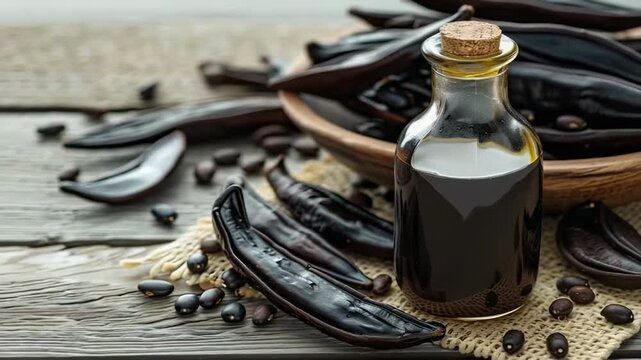 carob essential oil. Selective focus