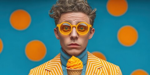 Brightly dressed individual holding an ice cream cone against a vibrant blue background with orange polka dots