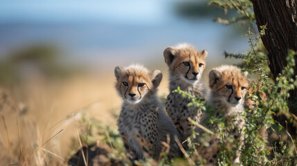 Some cheetah cubs are playing in the African grassland, their soft fur glistens in the sunlight, Ai generated images