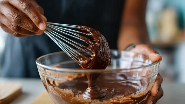 A close-up shot of a hand whisking rich chocolate cake batter in a glass bowl, capturing the texture and color of the mixture for baking enthusiasts.