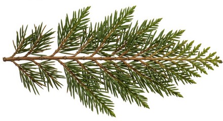 Isolated evergreen branch featuring vibrant needles and textured bark on a white background