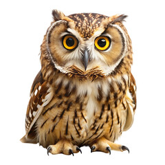 Obraz premium Great Horned Owl Portrait Isolated on White Background, Wise Bird of Prey with Yellow Eyes