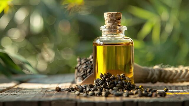 castor essential oil. Selective focus