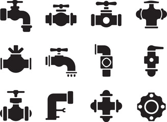 Faucets valves and pipes black silhouette icons vector illustration collection