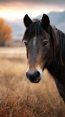 Obraz premium Majestic horse gazes through golden grass during serene sunrise in a tranquil countryside setting