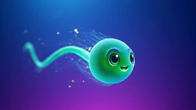 visually engaging and friendly animation of a single sperm cell with a happy expression actively swimming through a dynamic, colorful fluid environment. The sperm cell features a smooth, rounded head 