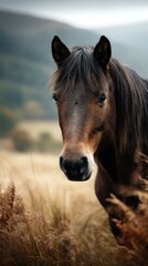Obraz premium Brown horse stands in a golden field during early morning light with a blurred landscape in the background