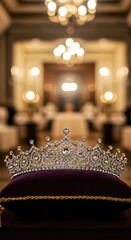 A Diamond Tiara Rests on a Velvet Cushion in a Grand Ballroom