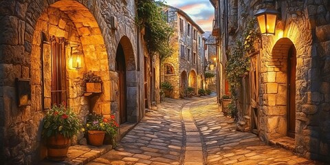 Fototapeta premium A narrow ancient cobblestone street with stone-built buildings on both sides, arched doorways and windows, warm yellow street lamps, potted green plants, and a blue-toned dusk sky.
