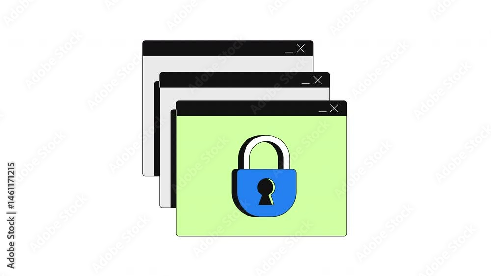 Poster secure browser windows with padlock floating 2d cartoon object animation. web privacy protection. us