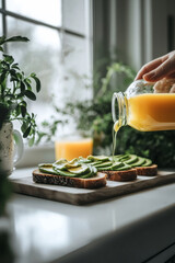 A modern white kitchen with plants on the windowsill. A person makes avocado toast and pours orange juice