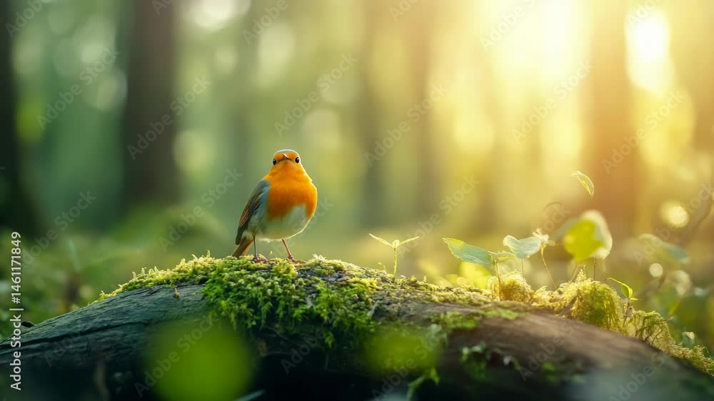 Aufkleber european robin perched on a mossy log, basking in the warm sunlight filtering through the trees in a