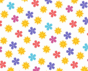 Vibrant seamless floral pattern featuring stylized flowers in yellow, red, pink, purple, and blue on a clean white background.