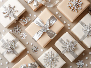 winter gift boxes with silver snowflakes