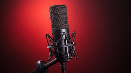 Studio condenser microphone on stand, set against a vibrant red backdrop. Use this to illustrate podcasts, music recording, or voice over work.