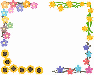 Floral border frame illustration featuring a variety of colorful cartoon-style flowers arranged along the edges of the image. The design includes sunflowers, daisies, and other stylized blossoms. 