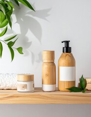 A neatly arranged shelf displays an array of eco-friendly bamboo products, including utensils, straws, and decorative items, showcasing their natural textures.