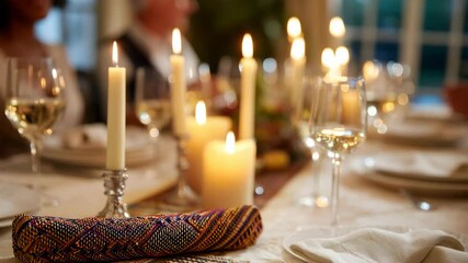 A beautifully arranged dining table adorned with flickering candles and elegant wine glasses, creating a romantic and inviting atmosphere perfect for a special gathering.