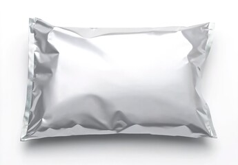 Obraz premium A white square-shaped aluminum foil packaging bag with slight wrinkles on a pure white background.
