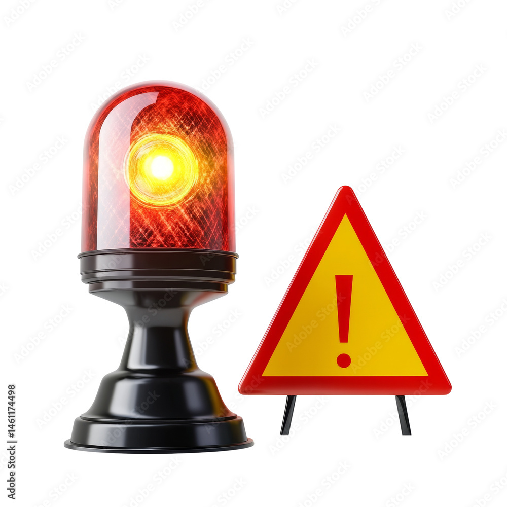 Poster Emergency alert system featuring a flashing red warning light with danger sign isolated