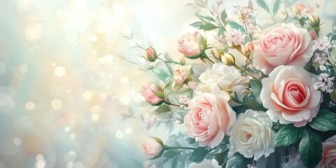 Obraz premium A bouquet of soft-pink peonies with green leaves under soft light on a pastel background.