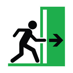 Black silhouette figure exiting through a door on a green background—designed to present emergency exit signage in a modern style, emphasizing safety, clarity, and urgency in design.