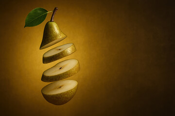 Sliced ripe pear floating in mid-air on a warm gradient yellow-brown background, concept of freshness, healthy fruit and creative food advertising, horizontal color image with copy space