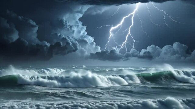 Dramatic lightning strikes over stormy ocean waves amidst dark thunderclouds