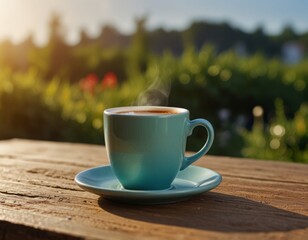 Obraz premium mug of hot coffee on summer background