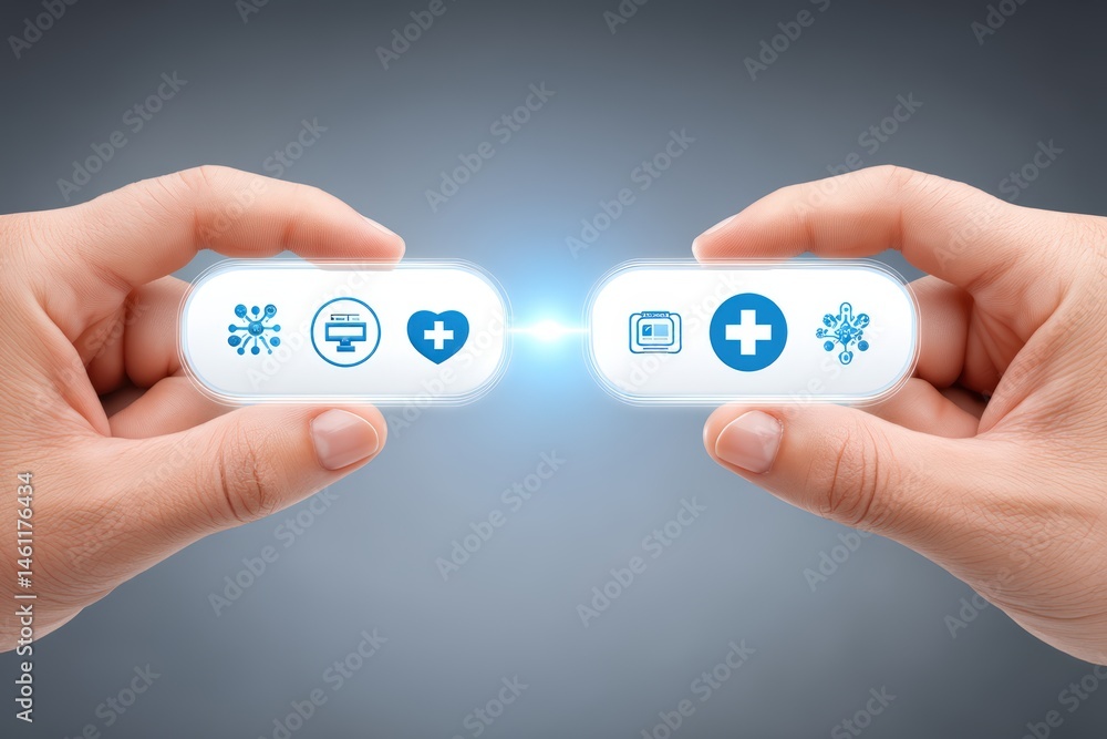 Poster hands holding devices with health and tech symbols connected by light.