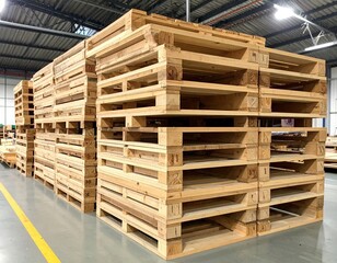 A large, neatly stacked pile of weathered wooden pallets fills the spacious warehouse, showcasing various shades of brown and rustic textures.