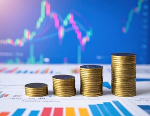 A collection of shiny coins scattered on a wooden table, alongside colorful financial graphs and charts, illustrating market trends and data analysis.